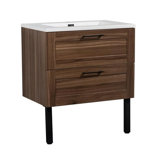 Project Source Joan Vanity - 2 Soft-Closing Drawers - 1 Sink - 30-in - Walnut - White Cultured Marble - Image 3