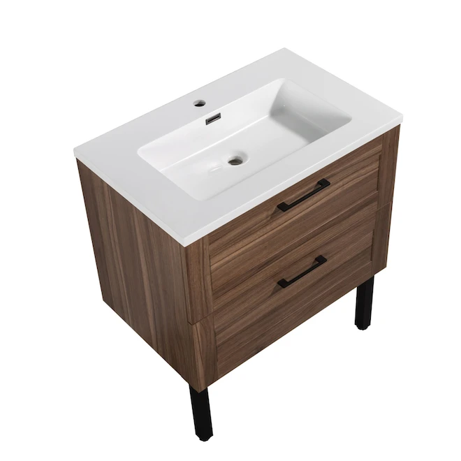 Project Source Joan Vanity - 2 Soft-Closing Drawers - 1 Sink - 30-in - Walnut - White Cultured Marble - Image 2