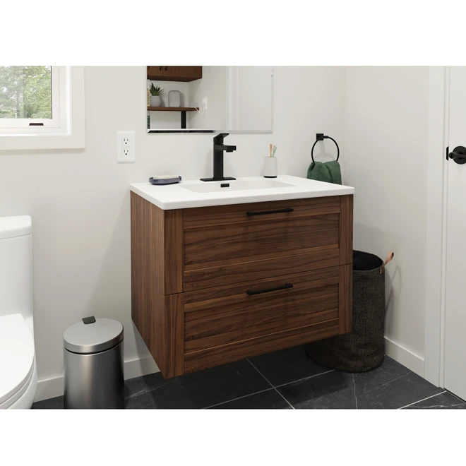 Project Source Joan Vanity - 2 Soft-Closing Drawers - 1 Sink - 30-in - Walnut - White Cultured Marble - Image 5