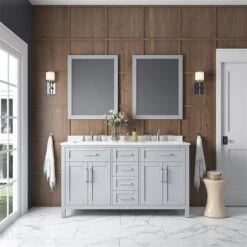 OVE Decors Tahoe 60-in Grey Double Sink Bathroom Vanity With White Engineered Stone Top