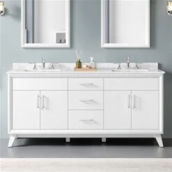OVE Decors Dunclark 72-in White Double Sink Bathroom Vanity With White Marble Top