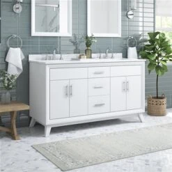 OVE Decors Dunclark 60-in White Double Sink Bathroom Vanity With White Marble Top