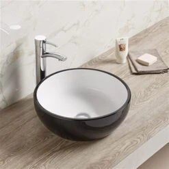 American Imaginations Black And White Ceramic Vessel Round Bathroom Sink (16.14-in X 16.14-in)
