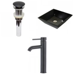 American Imaginations Black Ceramic Vessel Square Bathroom Sink With Black Faucet And Drain (16.1-in X 16.1-in)