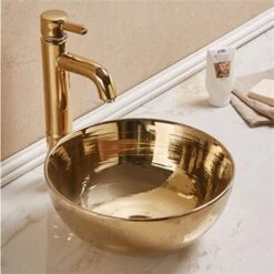 American Imaginations Gold 14.09-in Vessel Round Bathroom Sink With Chrome Hardware