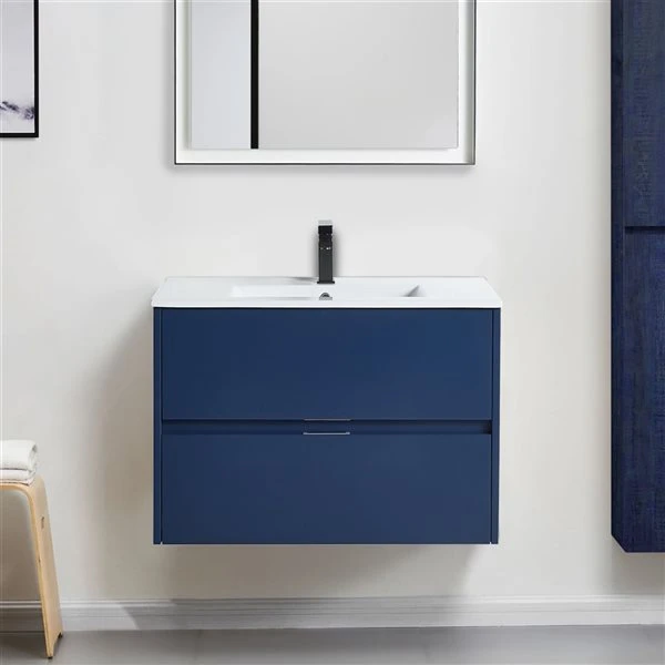 CASAINC 32-in Single Sink Bathroom Vanity In Navy Blue With White Top