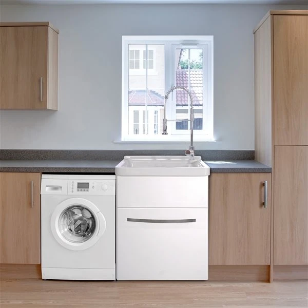 Presenza 27.9-in X 22-in Large White Preassembled Freestanding Laundry Cabinet With Acrylic Sink, Drain And Faucet - Image 5