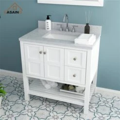 CASAINC 35.2-in White Single Sink Bathroom Vanity With White Marble Top
