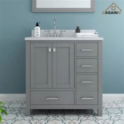 CASAINC 35.2-in Grey Single Sink Bathroom Vanity With White Marble Top