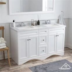 CASAINC 60-in White Double Sink Bathroom Vanity With White Marble Top