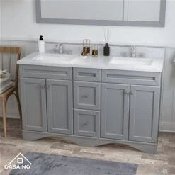 CASAINC 59-in W Grey Double Sink Bathroom Vanity With White Marble Top