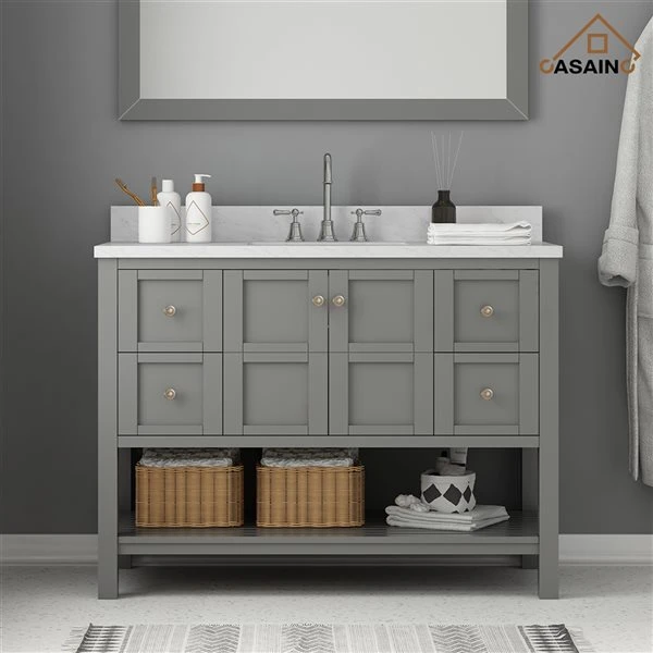 CASAINC 47.2-in X 35.4-in Grey Single Sink Bathroom Vanity With White Marble Top - Image 4