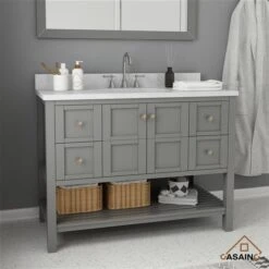 CASAINC 47.2-in X 35.4-in Grey Single Sink Bathroom Vanity With White Marble Top