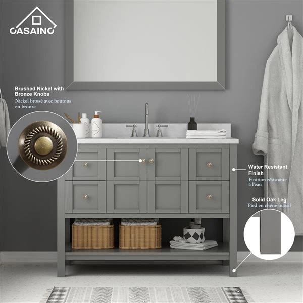 CASAINC 47.2-in X 35.4-in Grey Single Sink Bathroom Vanity With White Marble Top - Image 3