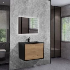 GEF Floy 29.5-in Black And Rough Oak Single Sink Bathroom Vanity With Black Engineered Stone Top