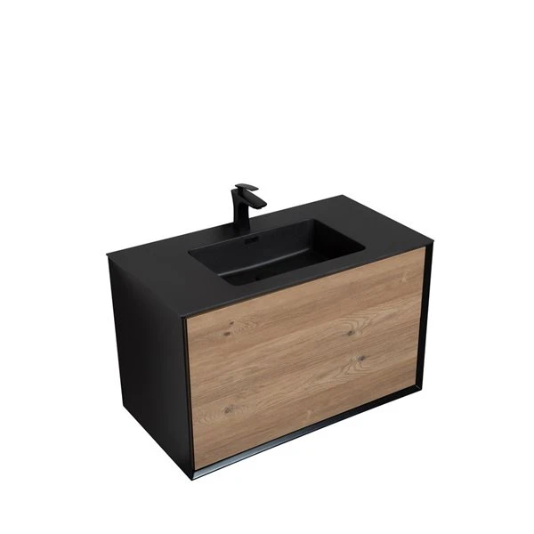 GEF Floy 35.4-in Black And Rough Oak Single Sink Bathroom Vanity With Black Engineered Stone Top