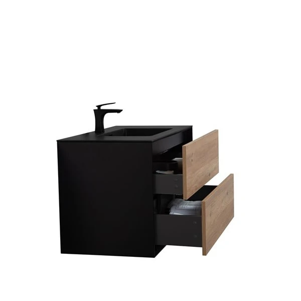 GEF Floy 35.4-in Black And Rough Oak Single Sink Bathroom Vanity With Black Engineered Stone Top - Image 4