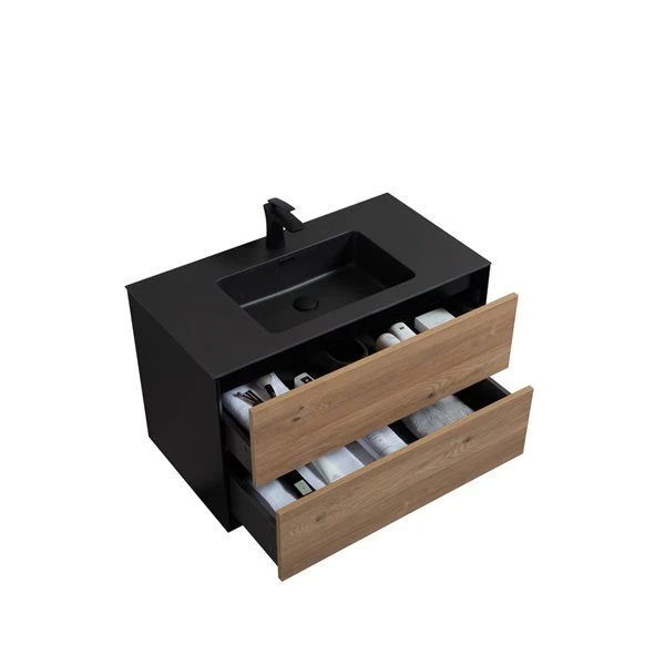 GEF Floy 35.4-in Black And Rough Oak Single Sink Bathroom Vanity With Black Engineered Stone Top - Image 2