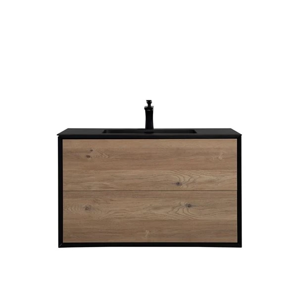GEF Floy 35.4-in Black And Rough Oak Single Sink Bathroom Vanity With Black Engineered Stone Top - Image 3