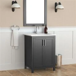 A&E Bath & Shower Modern 24-in Grey Single Sink Bathroom Vanity With White Ceramic Top
