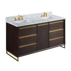 A&E Bath & Shower Modern 60-in Brown Double Sink Bathroom Vanity With White Marble Top