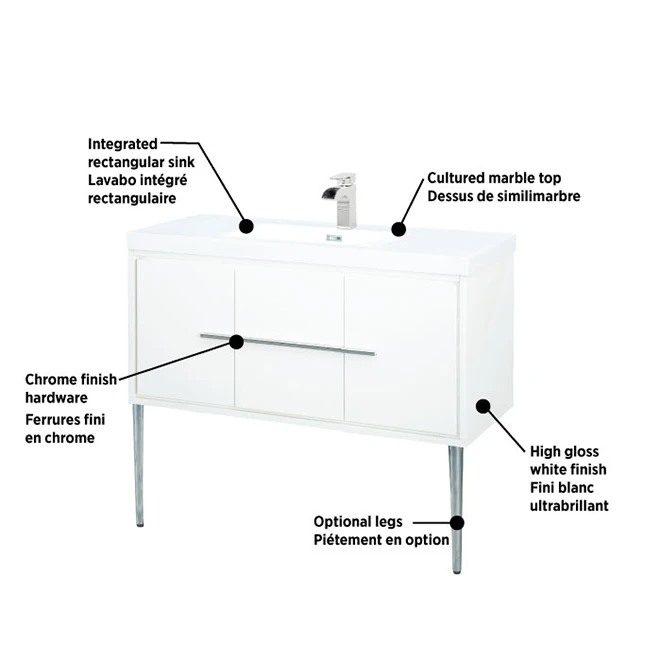 Foremost Carlington Vanity - Gloss White With Cultured Marble Sink - 2 Doors 2 Drawers - Single Hole - Wall Mount - Image 3